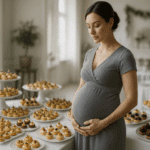 femme enceinte devant un buffet avec des petits fours